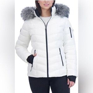Nautica Puffer Jacket Womens XL White Black Quilted Faux Fur Removable Hood